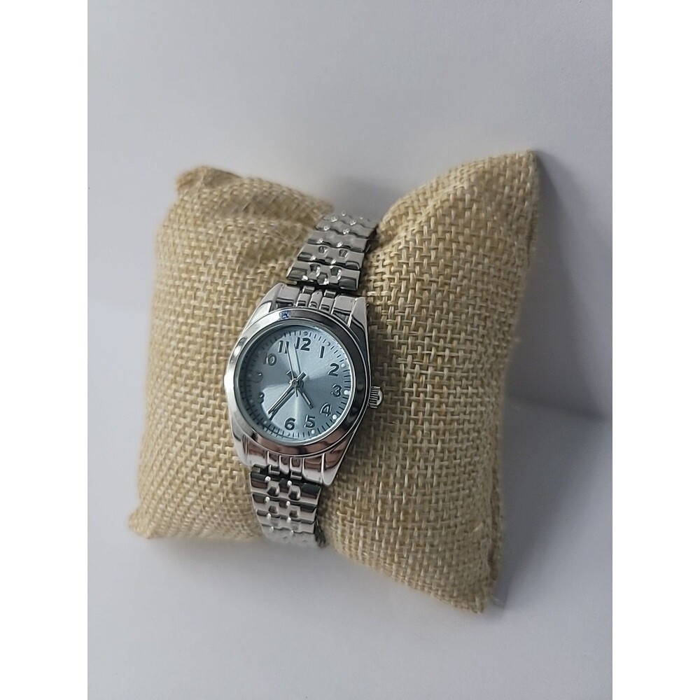 Vintage Silver Tone Analog Wristwatch Blue Dial Expansion Band Women's - Picture 6 of 13